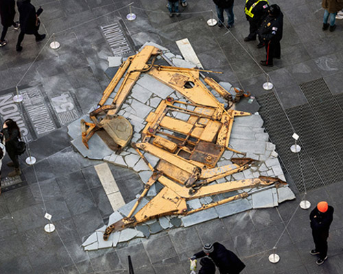 zelehoski and morales depict a fossilized dinosaur from a deconstructed backhoe in new york