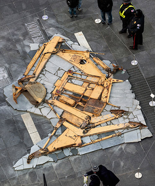 zelehoski and morales depict a fossilized dinosaur from a deconstructed backhoe in new york