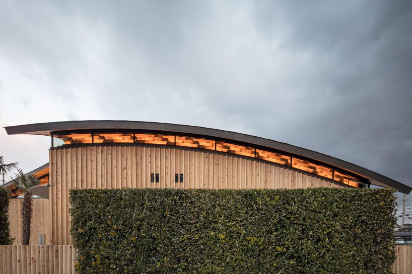 curved wood lattice roof hangs above nasca's blue sky nursery school in japan