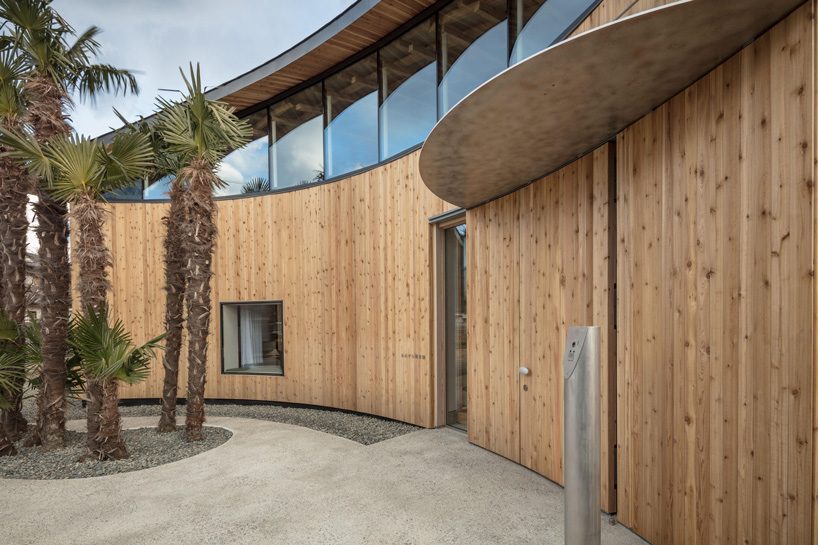  curved wood lattice roof hangs above nasca's blue sky nursery school in japan