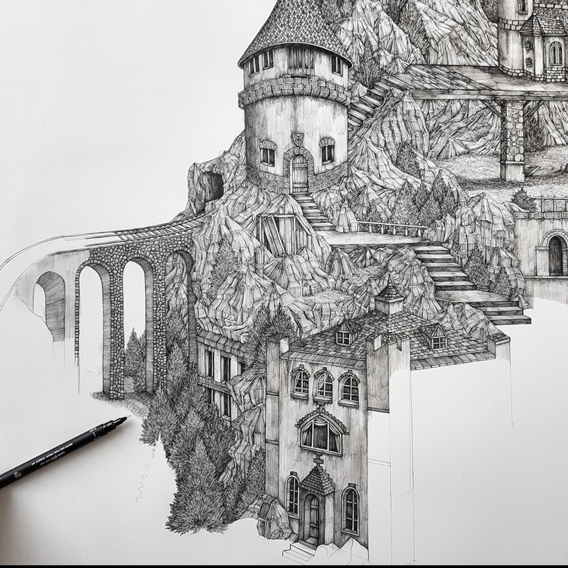 mega drawings by olivia kemp illustrate mythical landscapes in great detail