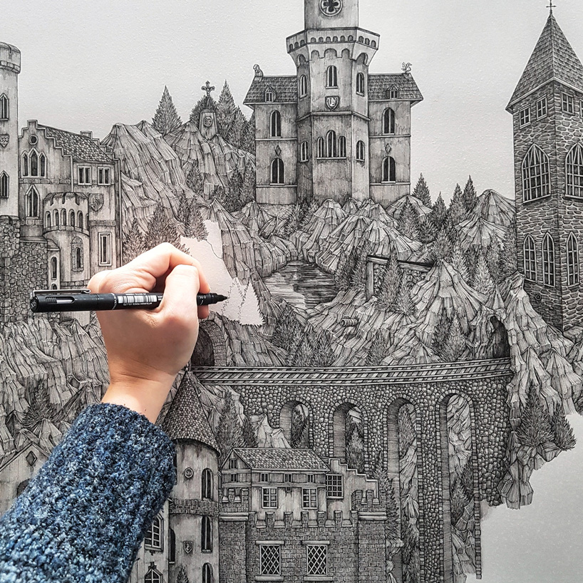 mega drawings by olivia kemp illustrate mythical landscapes in great detail