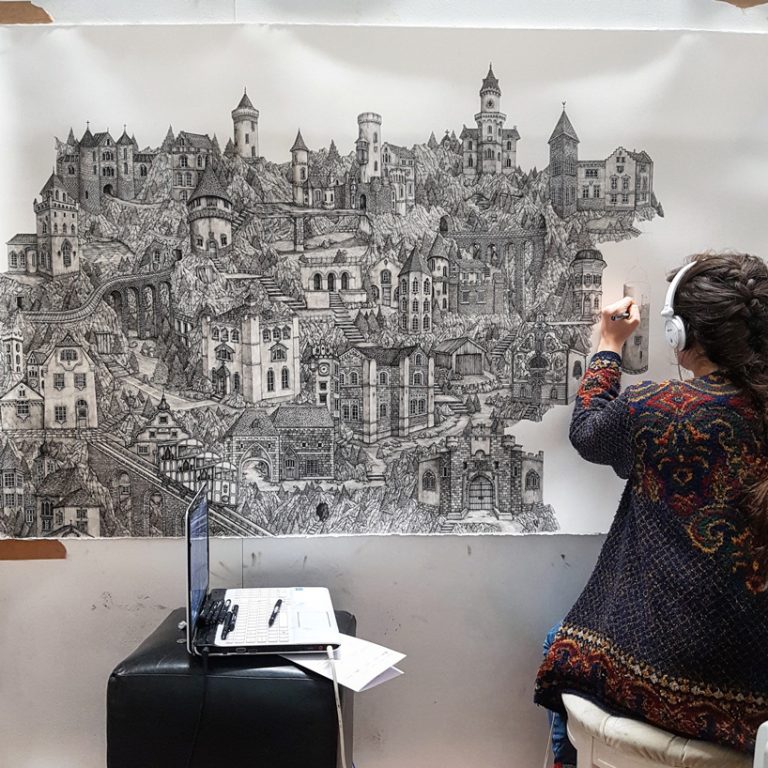 mega drawings by olivia kemp illustrate mythical landscapes in great detail