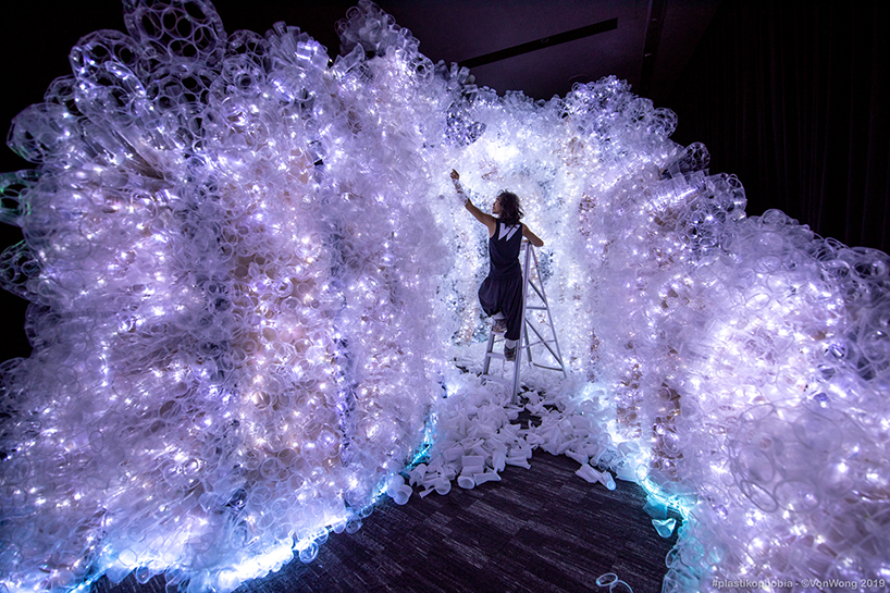 this bubbly cosmic cave is made from 18,000 recycled plastic cups