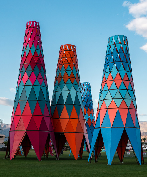 ​francis kéré's coachella installation comprises 12 colorful towers