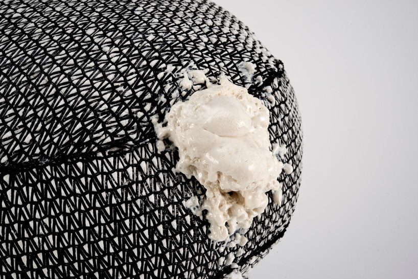 jisun kim experiments with net and expanding foam to create unique furniture pieces