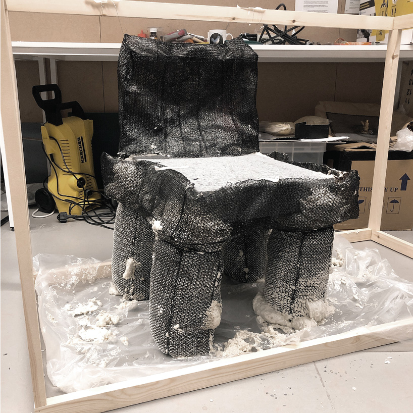 jisun kim experiments with net and expanding foam to create unique furniture pieces