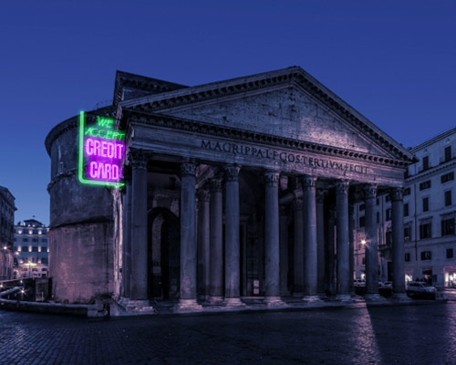 'neon rome' by m²ft architects envisions italian landmarks lit with neon signage