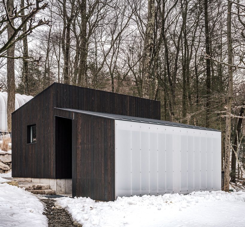 miguel quismondo builds small pavilion with charred wood and a polycarbonate façade