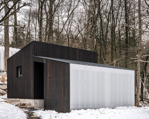 miguel quismondo builds small pavilion with charred wood and a polycarbonate façade