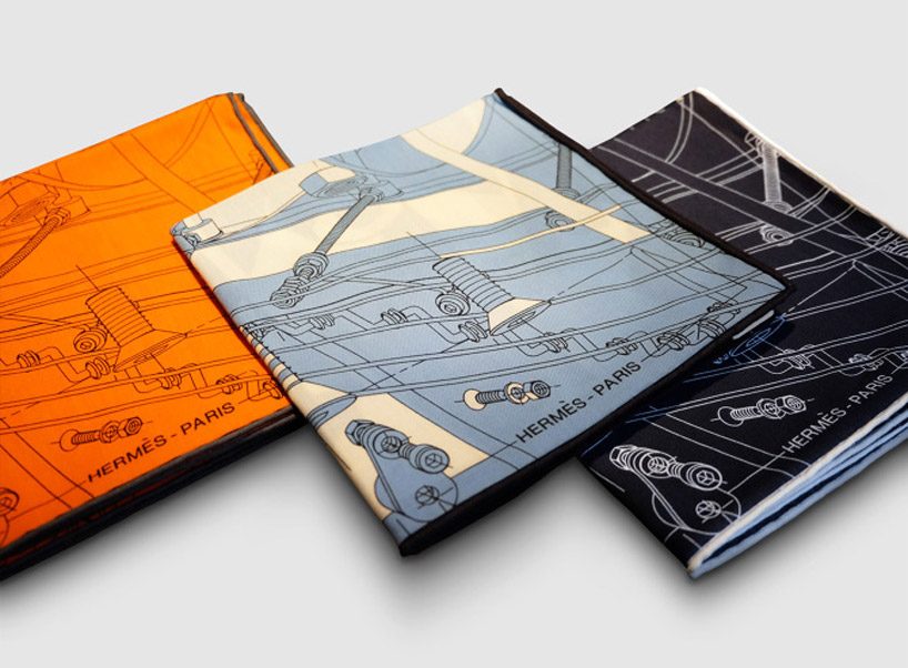 vincent leroy adorns new Hermès scarf pattern with flying nuts and bolts