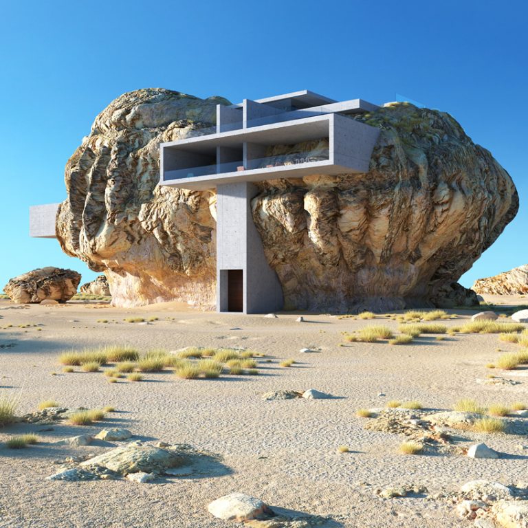 'house inside a rock' shows concrete slabs contrasting organic geometries