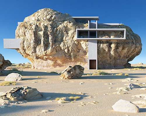 'house inside a rock' expresses minimal concrete slabs cutting through organic geometries