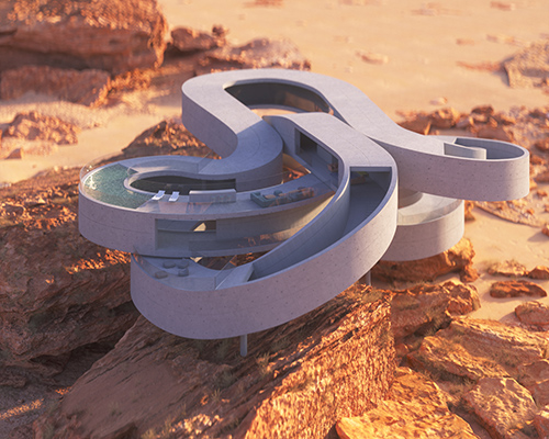 sinuous, tangling volume floats above untouched desert landscape