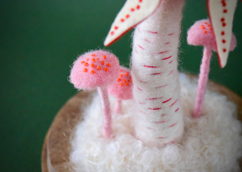 cute creatures get embroidered and felted into precarious situations with carnivorous fungi