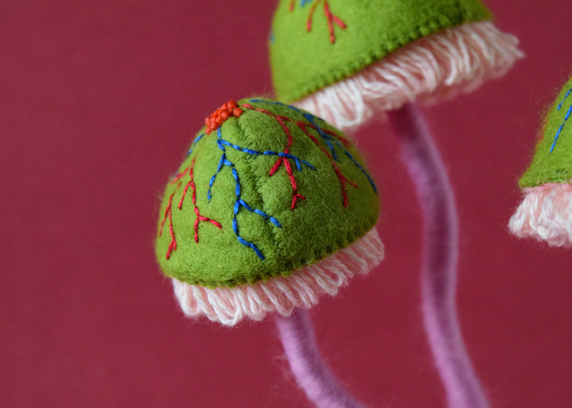 cute creatures get embroidered and felted into precarious situations with carnivorous fungi