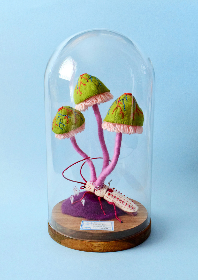 cute creatures get embroidered and felted into precarious situations with carnivorous fungi