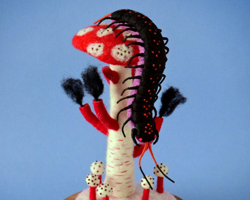 cute creatures get embroidered and felted into precarious situations with carnivorous fungi