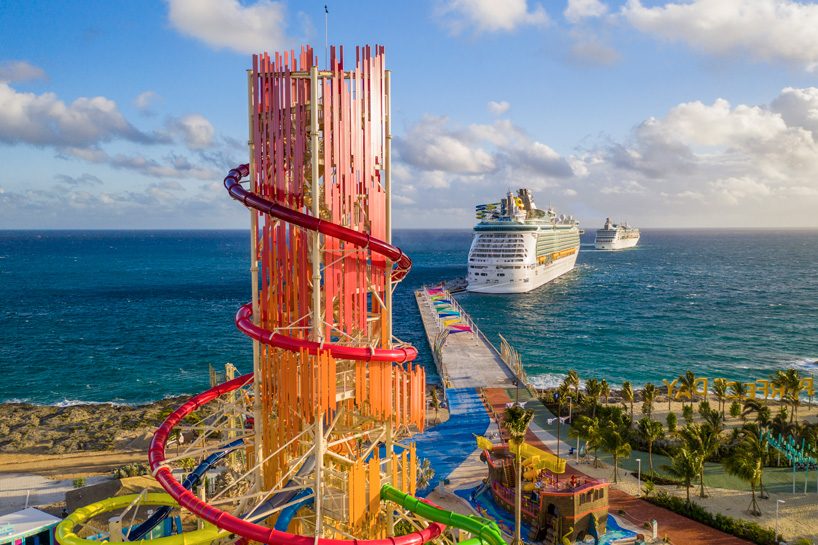 private island waterpark features colorfully clad 135-foot-tall waterslide