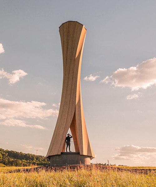 urbach tower is a 14-meter-tall landmark built from self-shaping wood