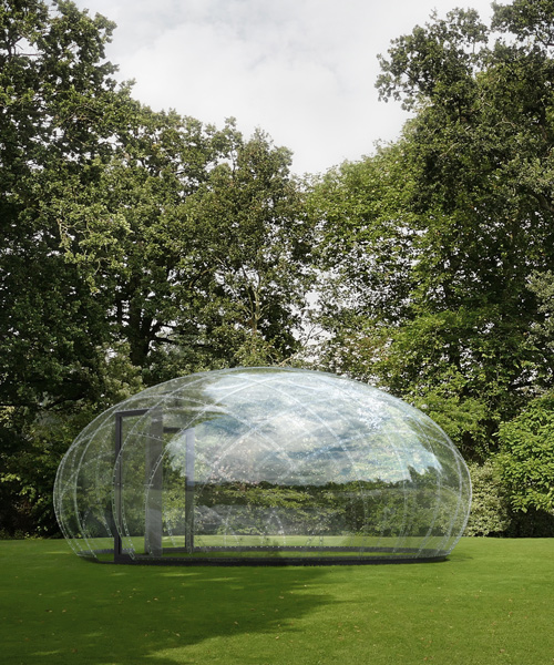 kristoffer tejlgaard builds fully transparent 'water droplet' pavilion