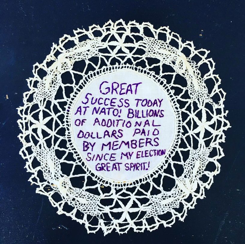 artist immortalizes trump's most controversial quotes onto hand-embroidered textile pieces