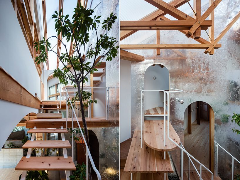 located in a quiet residential area at the foot of mount rokkō, kobe city, japan, the hat house by fumiaso architect & associates is built as a series of irregularly-shaped spaces, enclosed by a compact triangular shell.