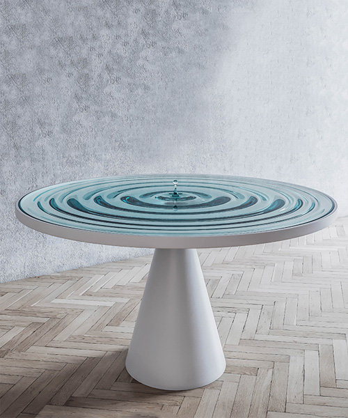 mousarris materializes a drop creating ripples in glass table