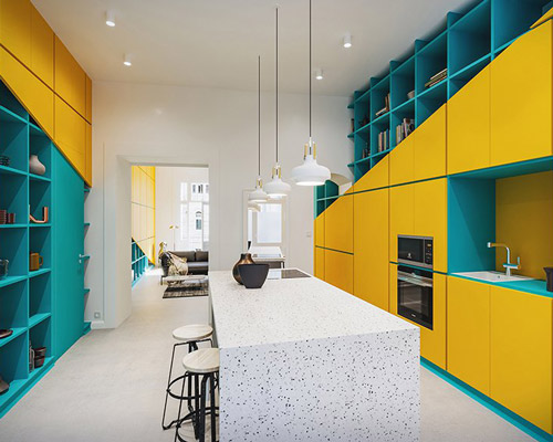 paradigma ariadne introduces bright diagonal wall into budapest apartment