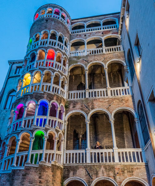 a 15th century venetian spiral staircase is transformed into chromatic lightscape