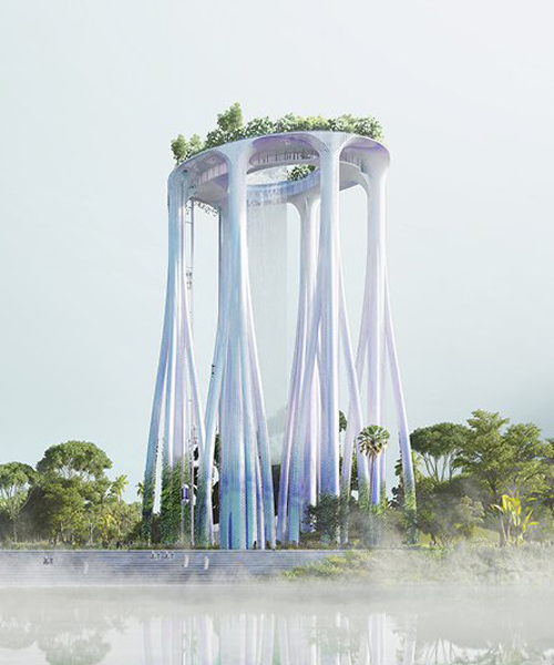 XTU envisions a mangrove-like memorial with giant waterfall in singapore