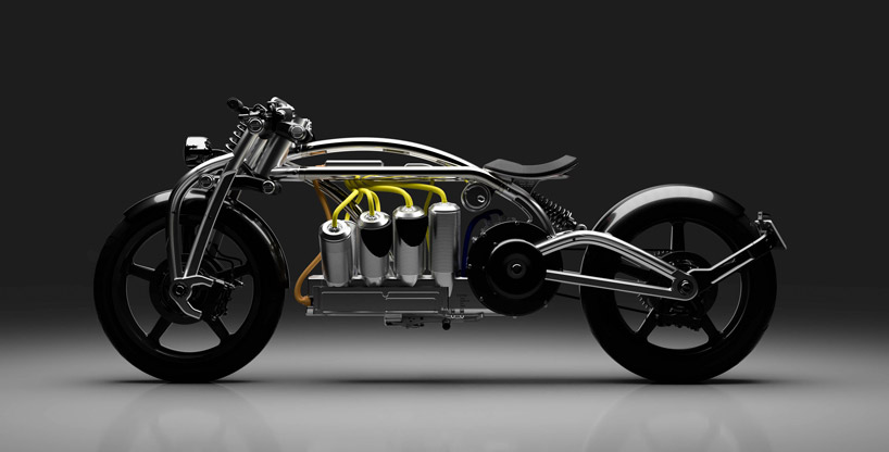 Το curtiss παρουσιάζει την ηλεκτρική μοτοσικλέτα 2020 Zeus με εκτεθειμένες μπαταρίες τύπου V8