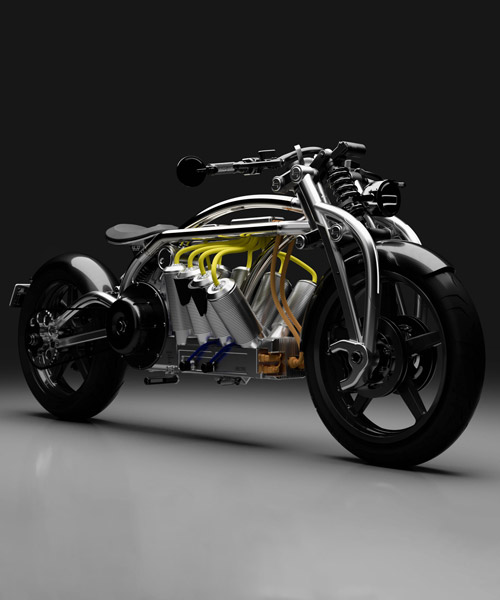 curtiss unveils 2020 zeus electric motorcycle with exposed V8 style batteries