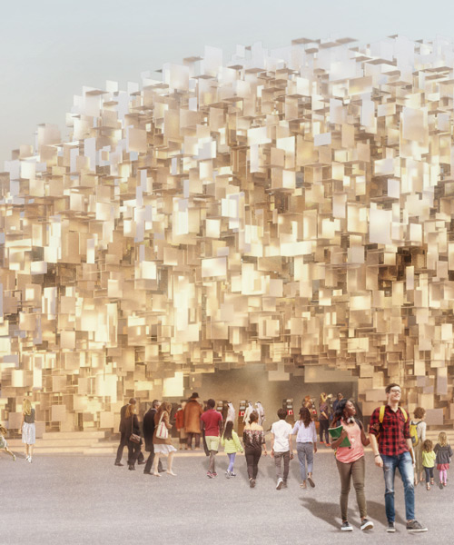 partisans' canada pavilion proposal for expo 2020 shelters guests beneath a pixelated cloud