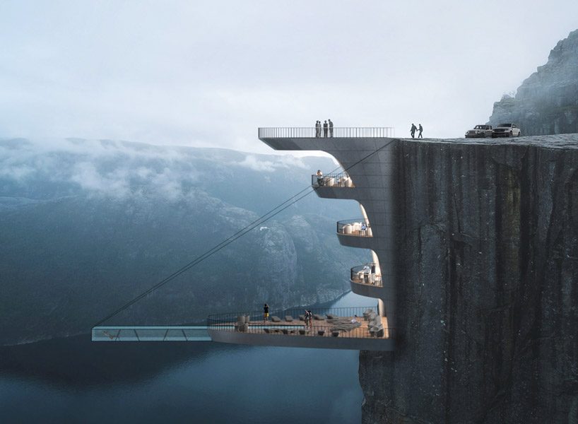 hayri atak envisions a boutique hotel suspended over a cliff in norway designboom