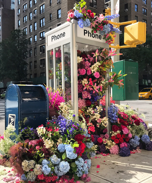 a bountiful bouquet of colorful blooms emerges from this new york city phone booth
