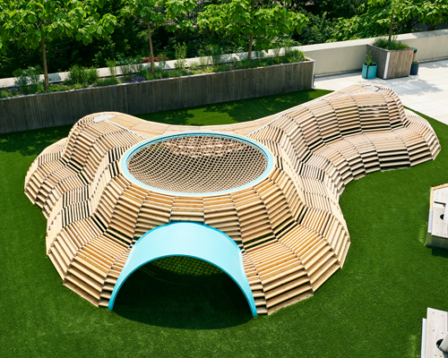 NEST is a sculptural playscape built using reclaimed wood from NYC water towers