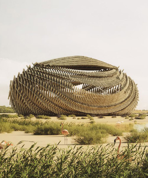 NUDES proposes a flamingo observatory built from 'twig' like components in abu dhabi