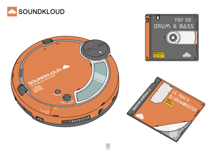 artist imagines spotify,  and instagram as retro anime gadgets