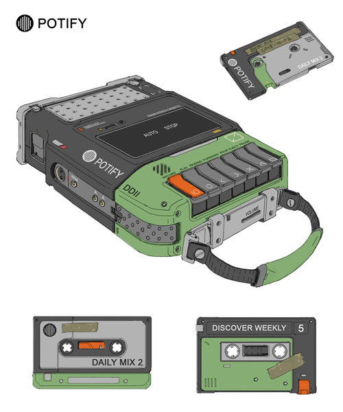 artist imagines spotify, youtube and instagram as retro anime gadgets