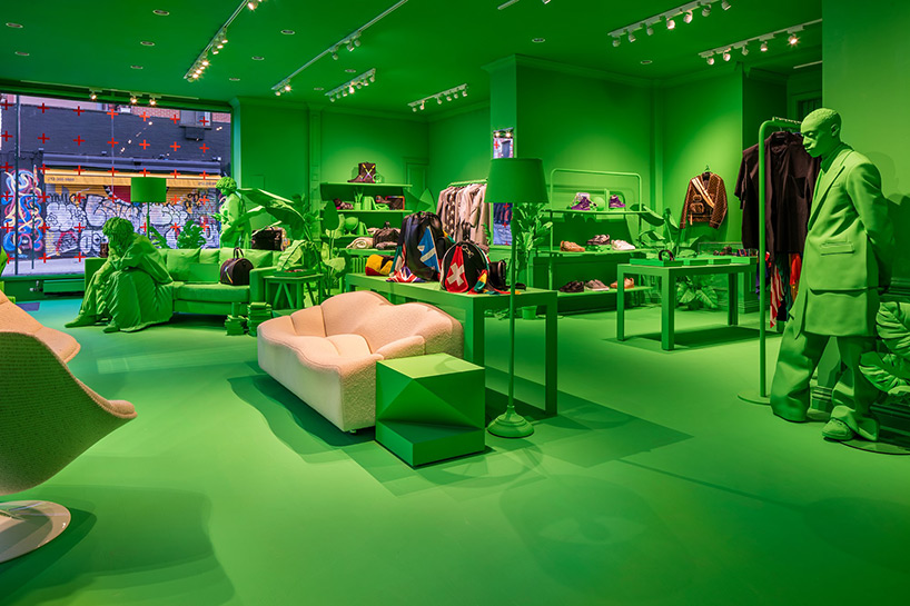 virgil abloh and louis vuitton colorize every inch of NYC pop-up in neon green