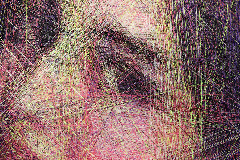 an algorithm and an artist carefully compose portraits from thousands of lines of thread