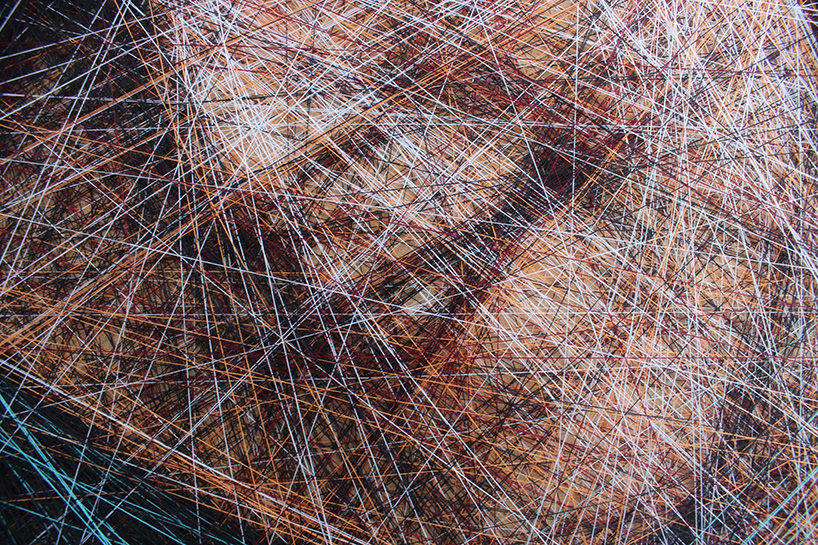 an algorithm and an artist carefully compose portraits from thousands of lines of thread