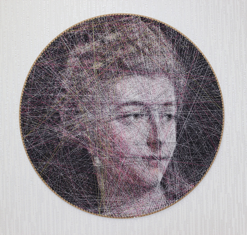 an algorithm and an artist carefully compose portraits from thousands of lines of thread