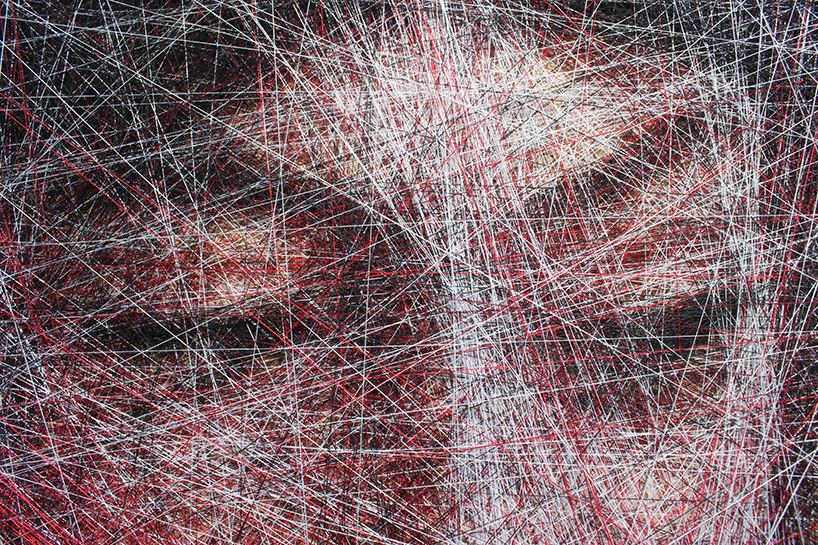 an algorithm and an artist carefully compose portraits from thousands of lines of thread