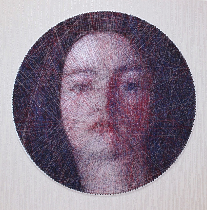 an algorithm and an artist carefully compose portraits from thousands of lines of thread