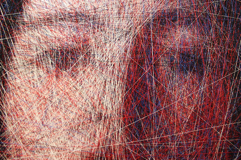 an algorithm and an artist carefully compose portraits from thousands of lines of thread