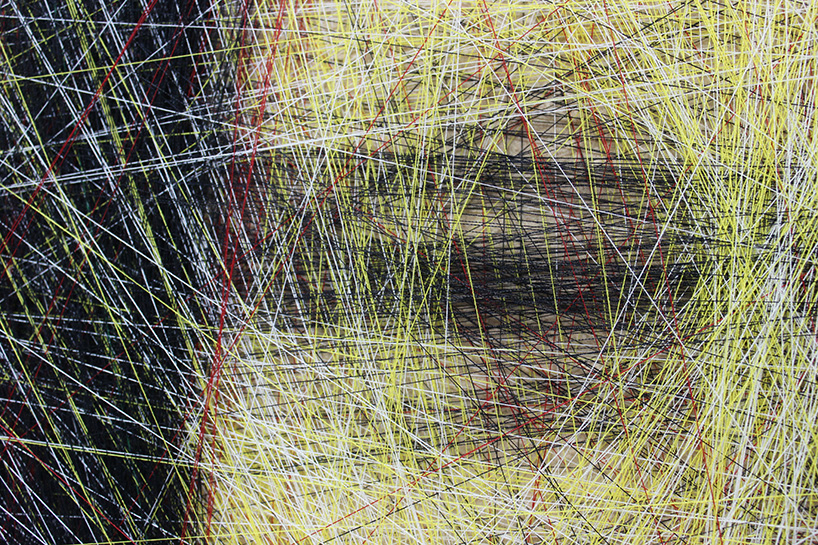 an algorithm and an artist carefully compose portraits from thousands of lines of thread