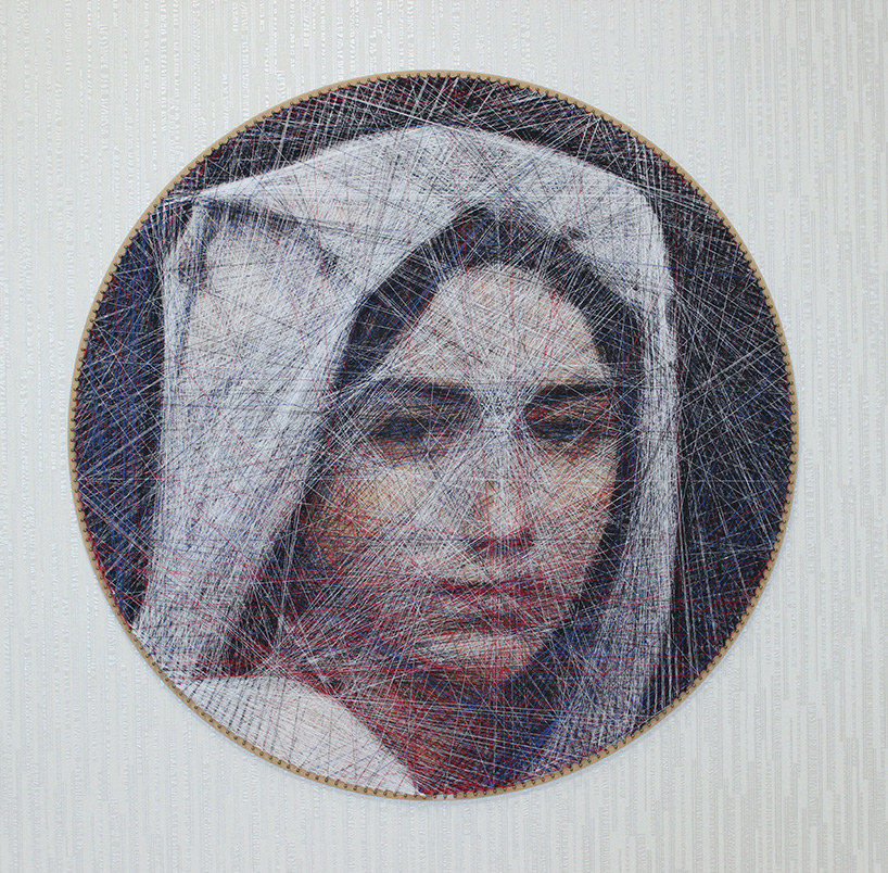 an algorithm and an artist carefully compose portraits from thousands of lines of thread