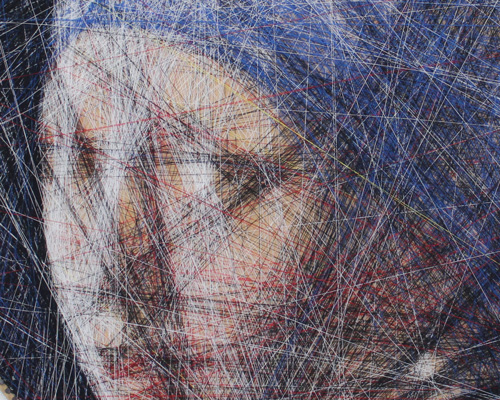 an algorithm and an artist carefully compose portraits from thousands of lines of thread